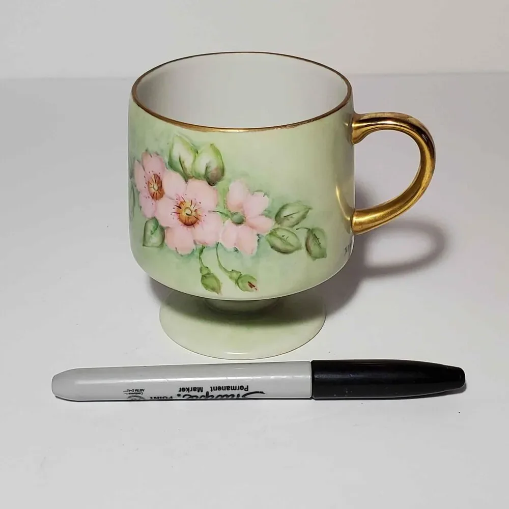 Hand Painted Cup Pink Flowers Signed Vintage
